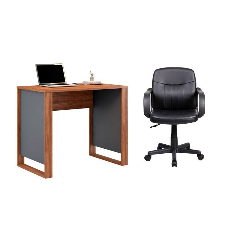 Conjunto de Mesa Morada Amendola e Grafito com Cadeira de Escritório Secretária Giratória Clean Preta