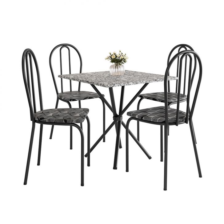 Conjunto de Mesa Quadrada com Tampo Granito e 4 Cadeiras Léia Revestimento Sintético Preto e Silver