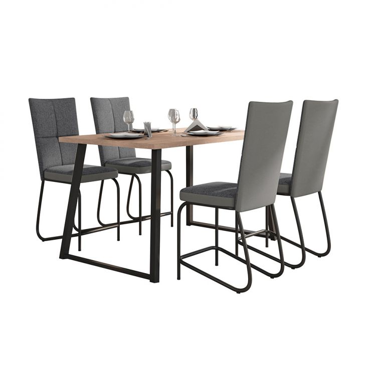 Conjunto De Mesa Retangular Com Tampo De Mdp Amadeirado Atlanta E 4 Cadeiras Mônaco Revestimento Sintético Cinza E Preto