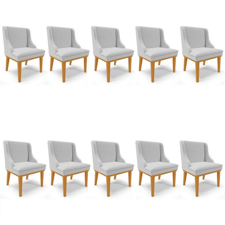 Kit 10 Cadeiras Estofadas para Sala de Jantar Base Fixa de Madeira Castanho Lia Linho Cinza - Ibiza