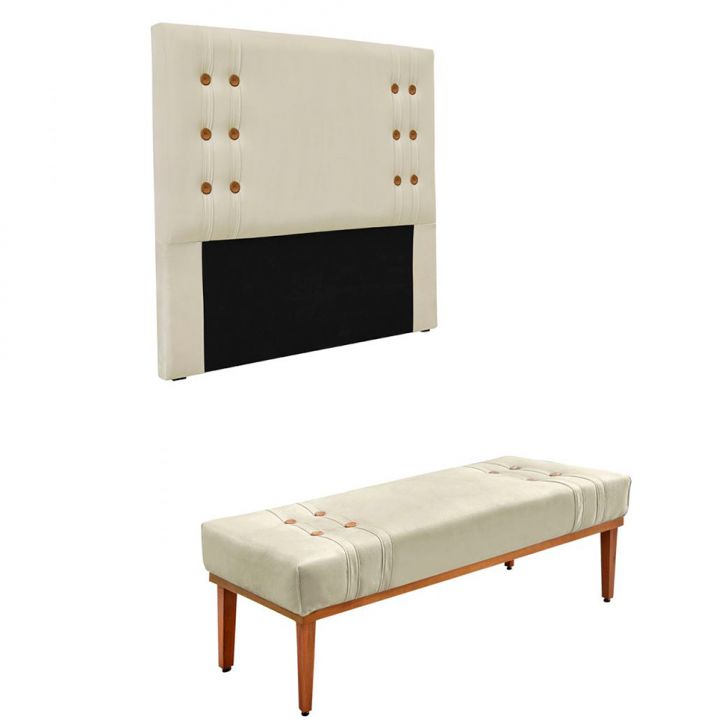 Conjunto de Cabeceira Casal com Recamier Gênova Veludo Bege