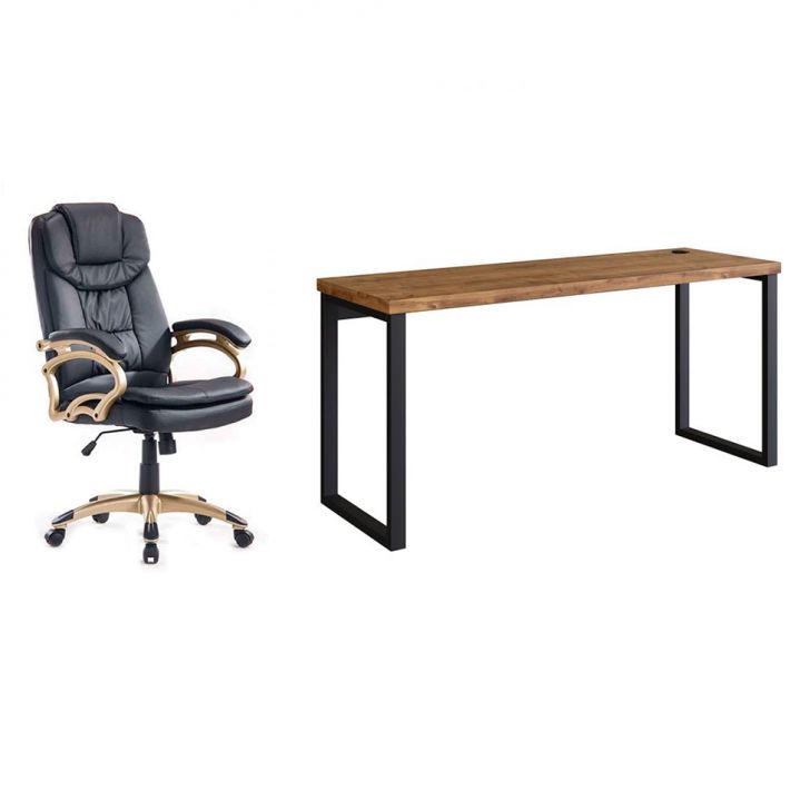 Conjunto de Mesa Miguel Marrom com Cadeira de Escritório Presidente Giratória com Relax Clark Preta e Dourada