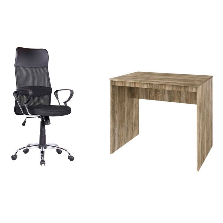 Conjunto de Mesa Office Carvalho com Cadeira de Escritório Diretor Giratória Vancouver Preta