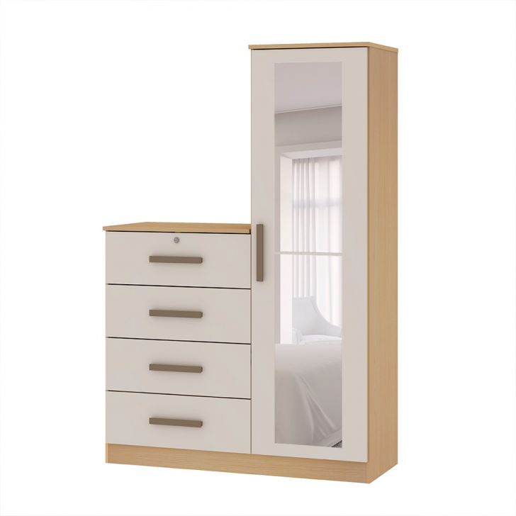 Cômoda Aurora com Espelho 1 Porta 4 Gavetas Off White e Freijó