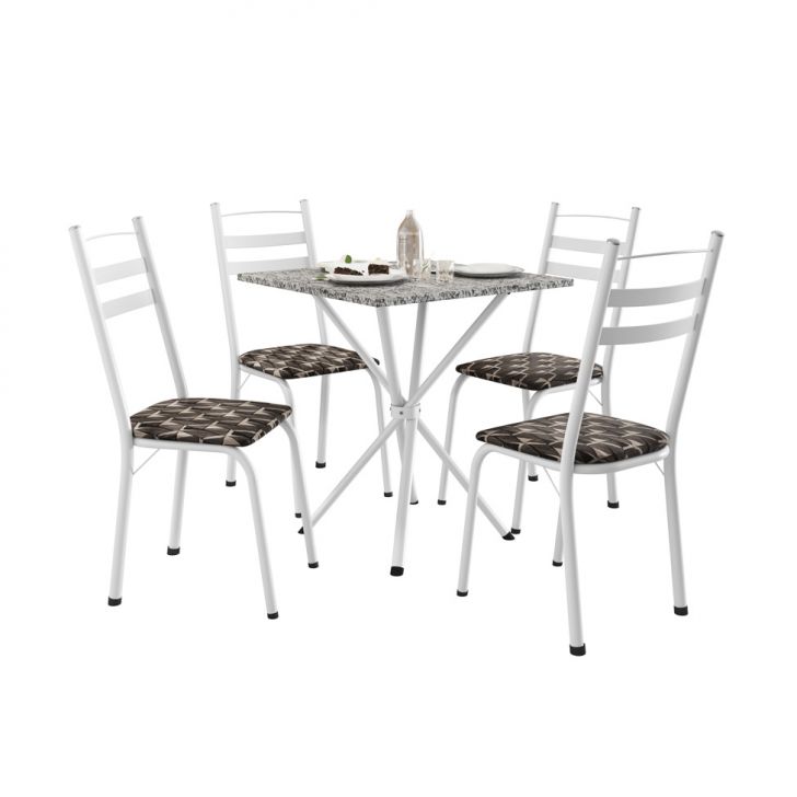 Conjunto De Mesa Quadrada Com Tampo Granito E 4 Cadeiras Léia Revestimento Sintético Mosaico Palha E Branco