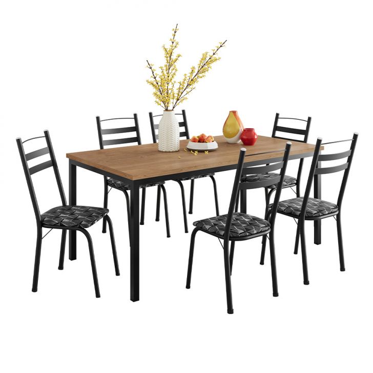 Conjunto De Mesa Retangular Com Tampo De Mdp Amadeirado E 6 Cadeiras Adriana Iii Revestimento Sintético Silver E Preto