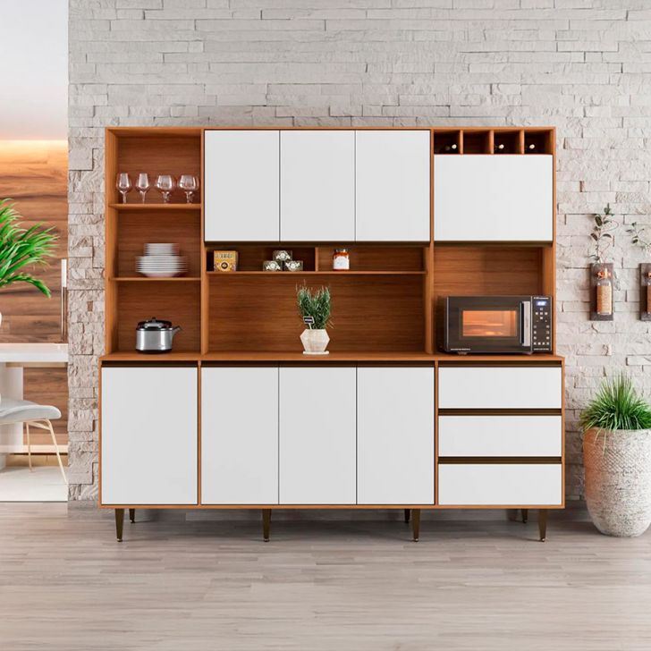 Armário de Cozinha Versatti 8 Portas 3 Gavetas Off White e Freijó