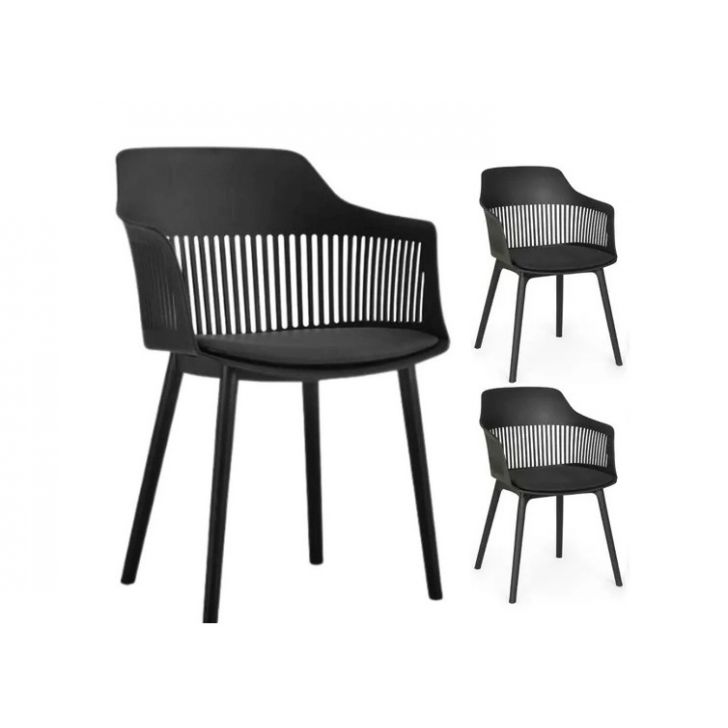 Kit 3 Cadeiras Marcela Montreal Em Polipropileno Assento Estofado Preto