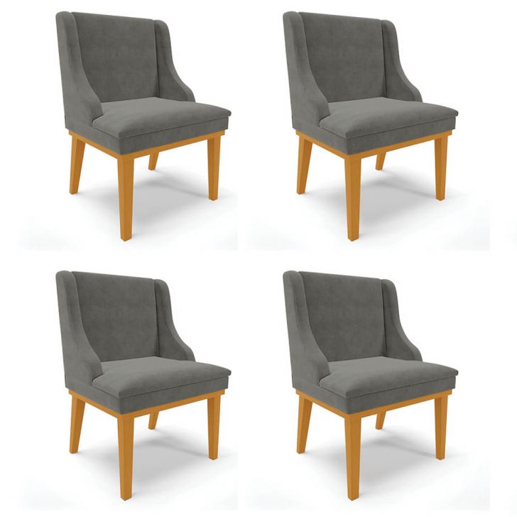 Kit 4 Cadeiras Estofadas para Sala de Jantar Base Fixa de Madeira Castanho Lia Suede Grafite - Ibiza