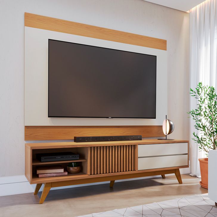 Conjunto De Rack Veneza 1 Pt 2 Gv Com Painel Para Tv Até 75 Polegadas Nilo Freijó E Off White
