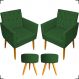 Kit 2 Poltronas Decorativas Nina Com Base E Capitonê + 2 Puff Redondo Suede Verde Pé Castanho - Clique E Decore