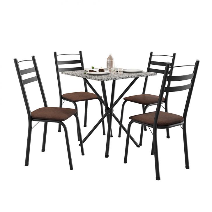 Conjunto de Mesa Quadrada com Tampo Granito e 4 Cadeiras Léia II Revestimento Sintético Preto e Imbuia