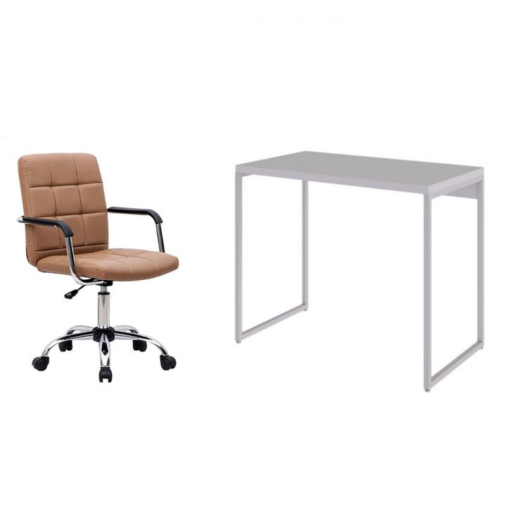 Conjunto de Mesa Studio Branca com Cadeira de Escritório Secretária Giratória Fitz Marrom