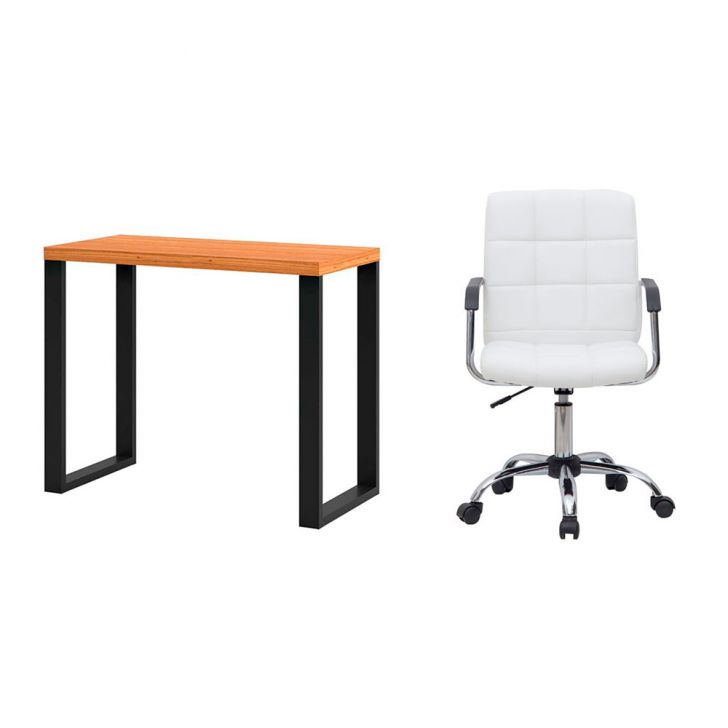 Conjunto de Mesa Anah Freijó e Preta com Cadeira de Escritório Secretária Giratória Fitz Branca