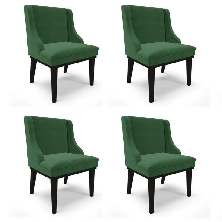 Kit 4 Cadeiras Estofadas para Sala de Jantar Base Fixa de Madeira Preto Lia Veludo Verde - Ibiza