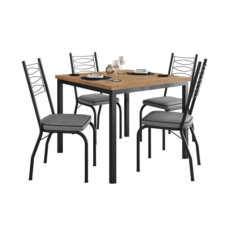 Conjunto De Mesa Quadrada Com Tampo Mdp E 4 Cadeiras Adriana Revestimento Sintético Platina E Preto
