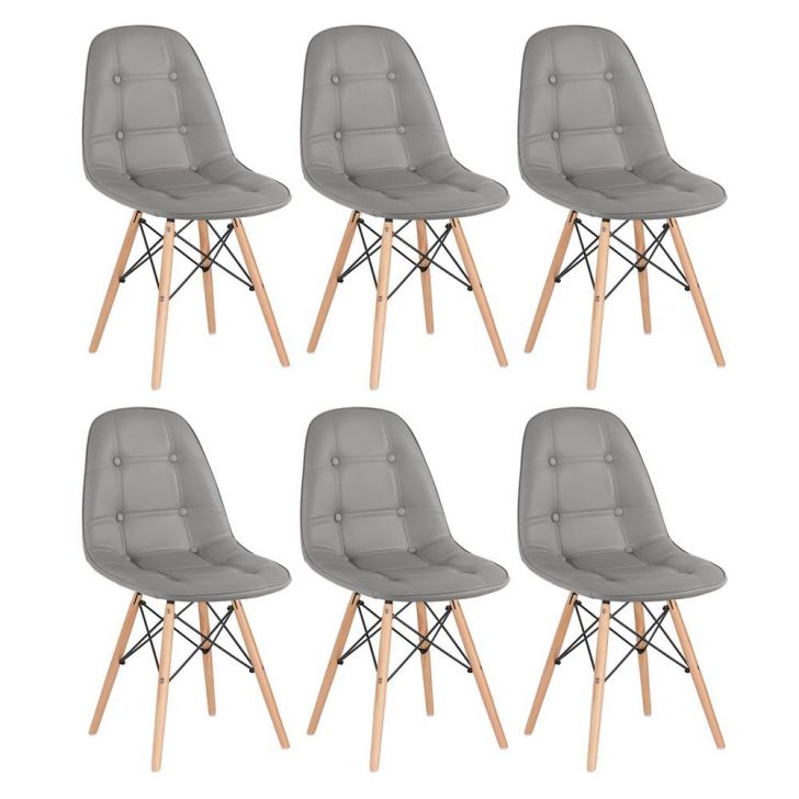 Kit 6 cadeiras estofadas Charles Eames Eiffel Botonê com pés de madeira clara Cinza