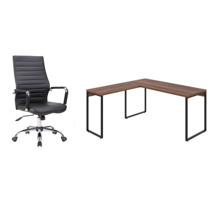 Conjunto de Mesa Kuadra Nogal 150 cm com Cadeira de Escritório Diretor Giratória Cleaner Preta