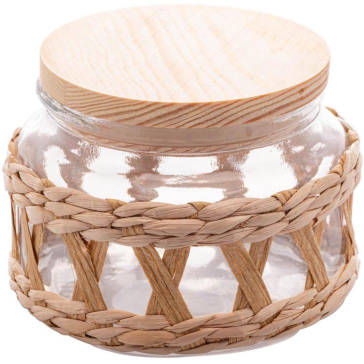 Pote Hermético de Vidro Tampa Madeira e Sisal 350ml Redondo Mantimentos Wolff