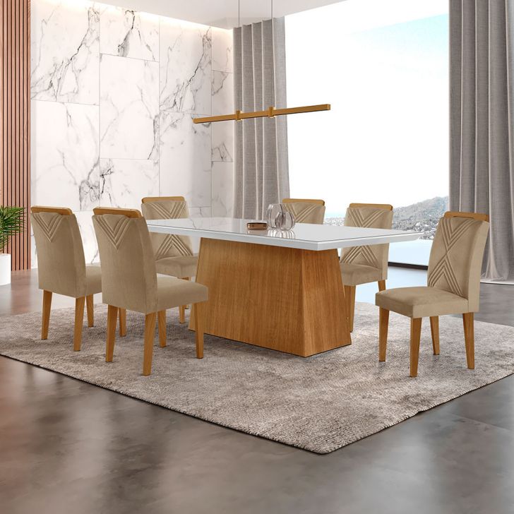 Conjunto De Mesa De Jantar Retangular Com Tampo De Vidro Off White Luna E 6 Cadeiras Italia Linho Bege E Imbuia