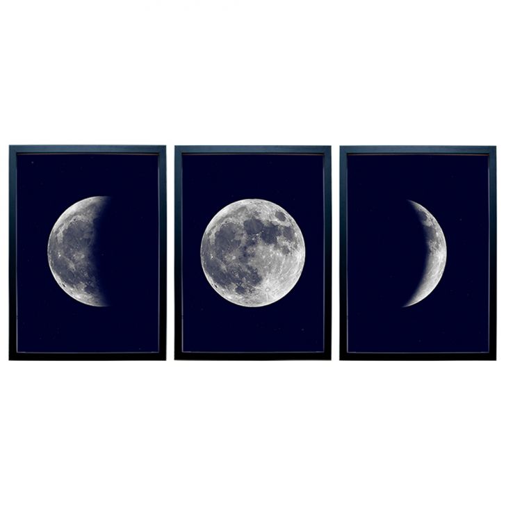 Kit com 3 Quadros Contemporâneo Fases da Lua sem Vidro Colorido