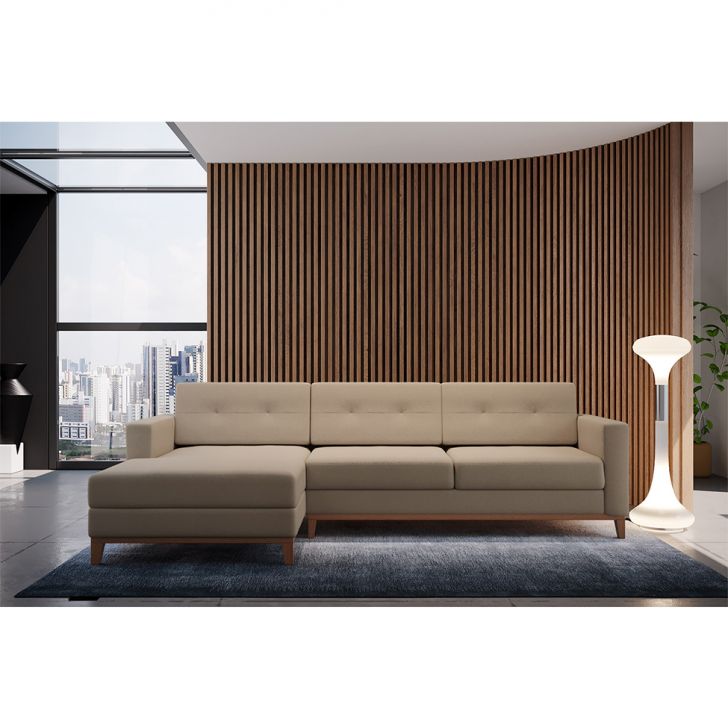 Sofá 3 Lugares Living Com Chaise Esquerdo Pés E Base Em Madeira Linho Cotton Bege