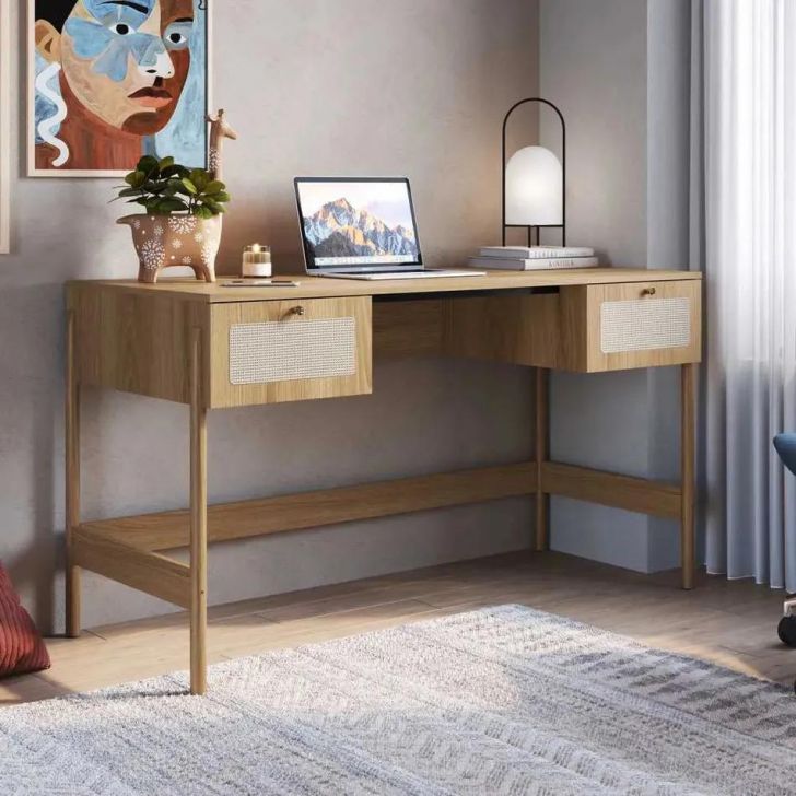 Escrivaninha 2 Gavetas 139Cm Palhinha Pé Madeira Oslo