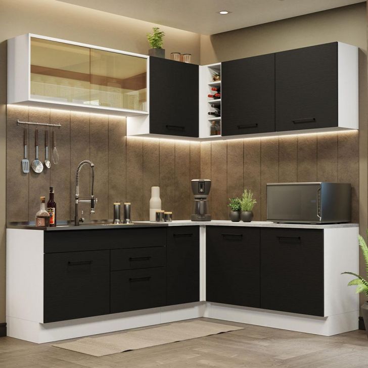 Cozinha Completa de Canto Madesa Agata 389001 com Armário e Balcão (Sem Tampo e Pia) - Branco/Preto