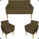 Kit Namoradeira + 2 Poltronas Decorativas Para Sala Nina Com Base E Capitonê Suede Marrom Pé Castanho