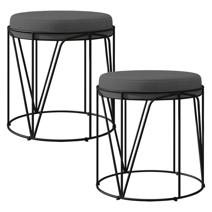 Kit 02 Puffs Decorativo Aramado Preto Zaya L02 Suede Cinza - Lyam Decor