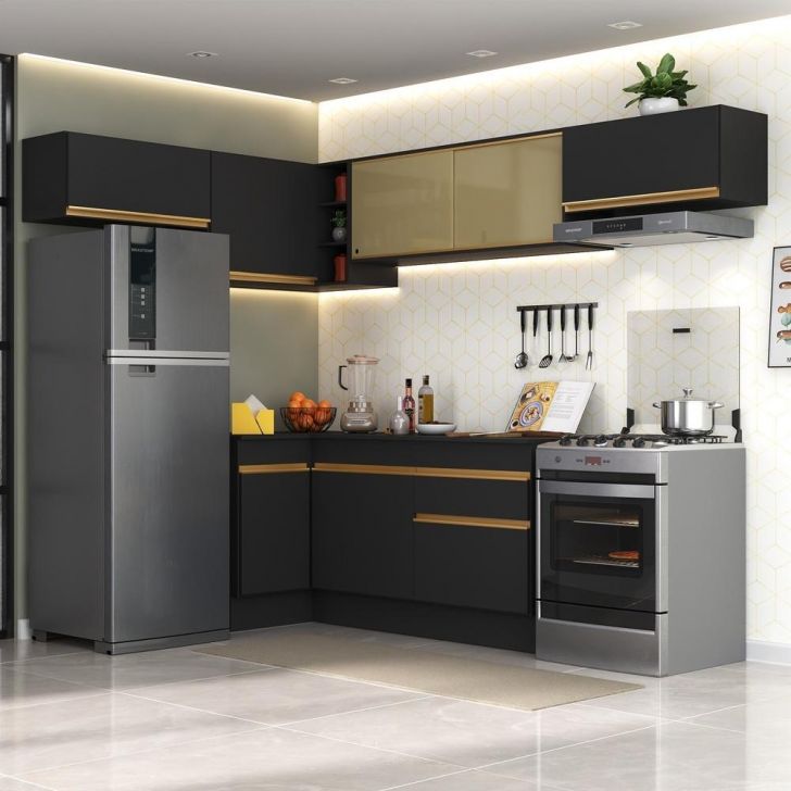 Cozinha Completa de Canto com Rodapé Veneza Multimóveis MP2095 com Armário e Balcão Preta