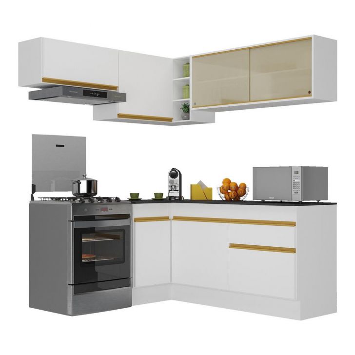 Armário de Cozinha Completa de Canto com Rodapé Veneza Multimóveis V2094  Branco/Dourado