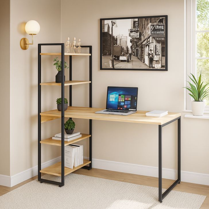 Escrivaninha com Estante Nanda Carvalho e Preta 146 cm