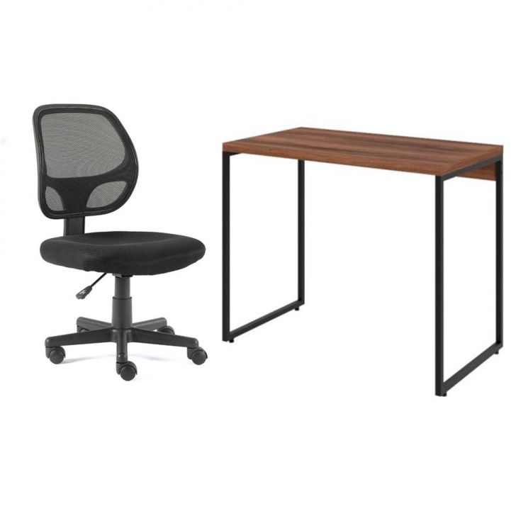 Conjunto de Mesa Studio Nogal com Cadeira de Escritório Secretária Giratória Oxford Preta