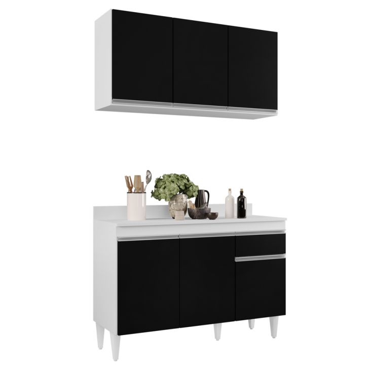 Armário Aéreo Virgínia e Balcão com Tampo 120cm Arizona Branco/Preto - Lumil