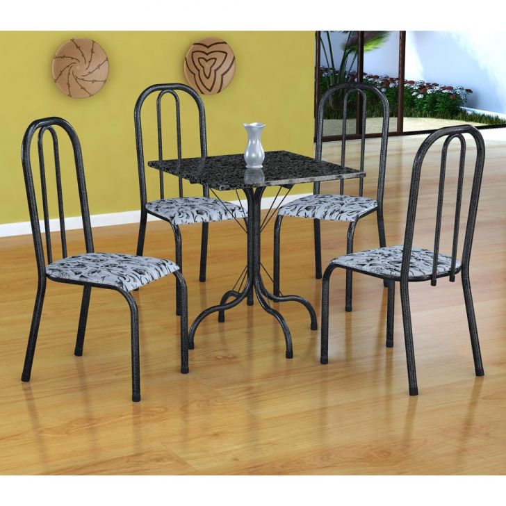 Conjunto De Mesa Malaga Com 4 Cadeiras Madri Preto Prata E Branco Floral