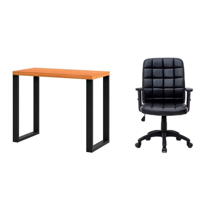 Conjunto de Mesa Anah Freijó com Cadeira de Escritório Diretor Giratória Fitz com Braços Ajustáveis Preta