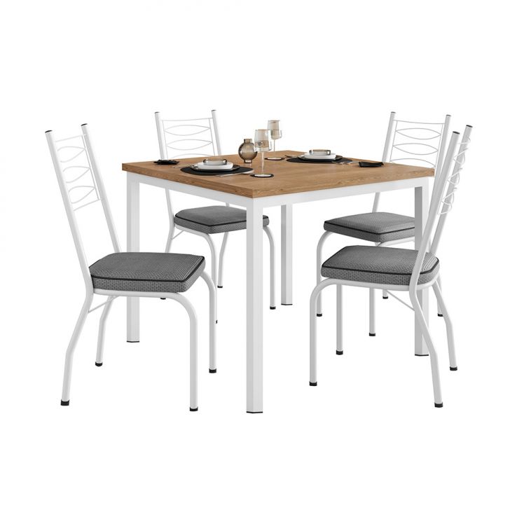Conjunto De Mesa Quadrada Com Tampo Mdp E 4 Cadeiras Adriana Revestimento Sintético Platina E Branco