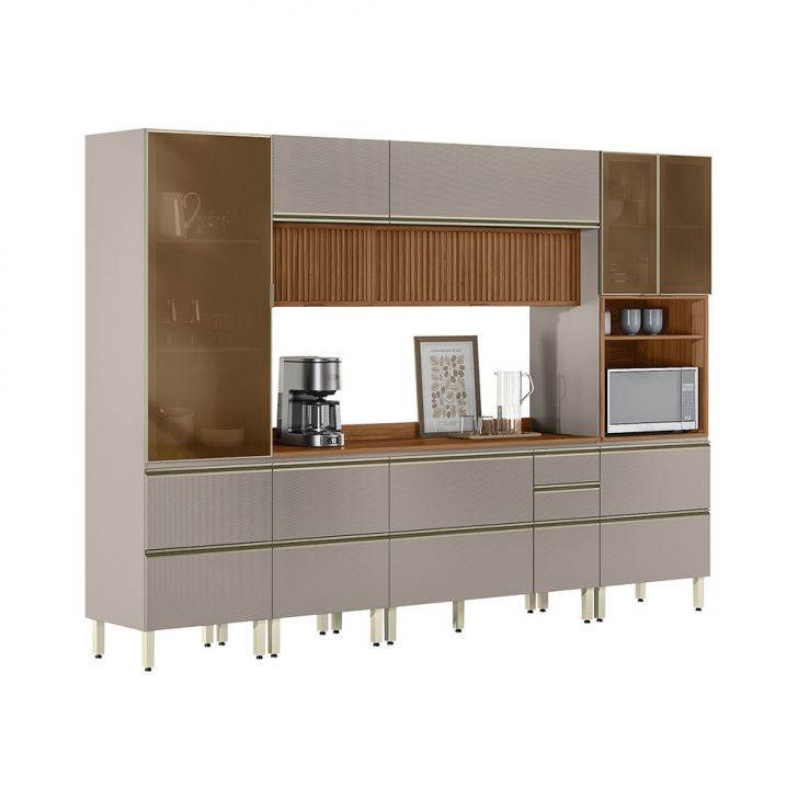 Armário de Cozinha Compacta com 3 Vidros Reflecta Proença Ripado 9 Portas 11 Gavetas Nude e Nogueira