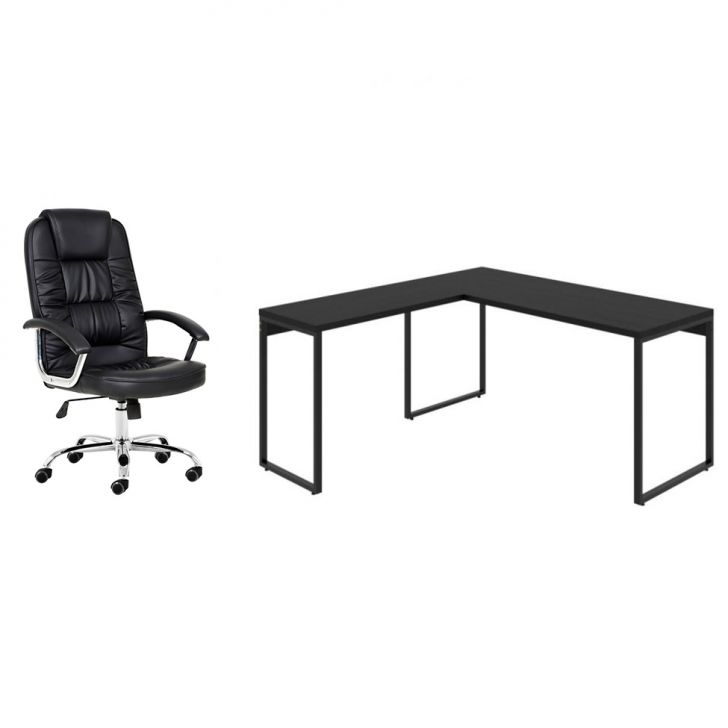 Conjunto de Mesa Kuadra II 150 cm com Cadeira de Escritório Presidente Giratória com Relax Finland Preta