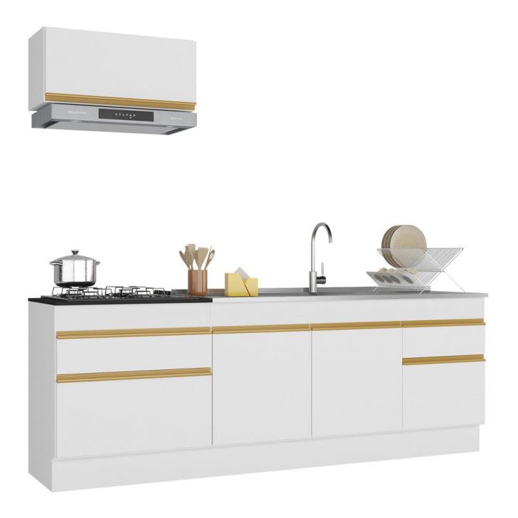 Armário de Cozinha Compacta 220cm com Rodapé Veneza Multimóveis V2109 Branco/Dourado