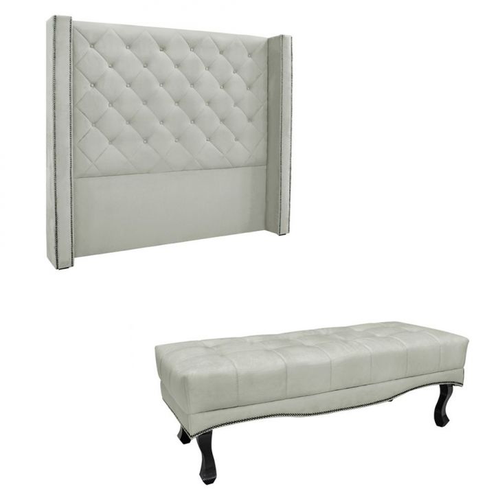 Conjunto de Cabeceira Solteiro com Recamier Vicenza Veludo Prata