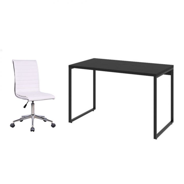 Conjunto de Mesa Kuadra Preta 120 cm com Cadeira de Escritório Secretária Giratória Marilyn Branca