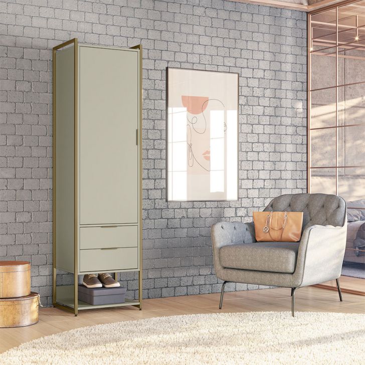 Guarda-roupa Closet Industrial Mital 1 Porta 2 Gavetas Off White E Dourado