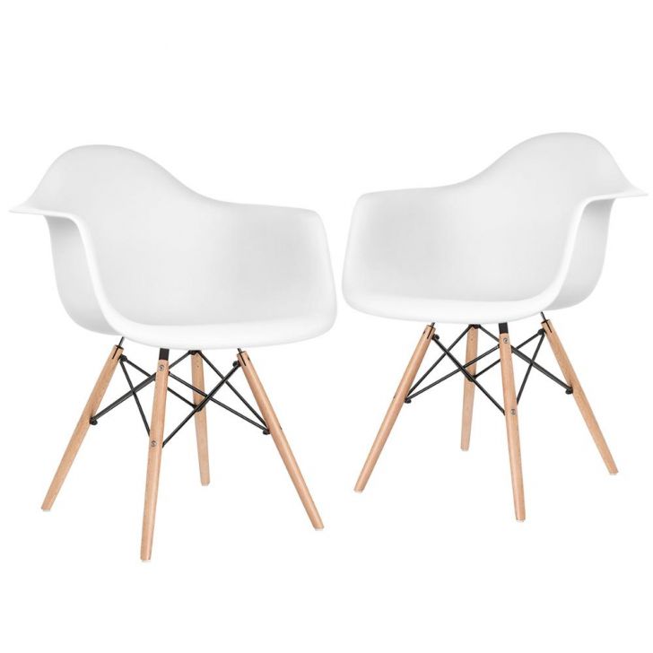 Kit 2 cadeiras Charles Eames Eiffel DAW com braços e pés de madeira clara Branco