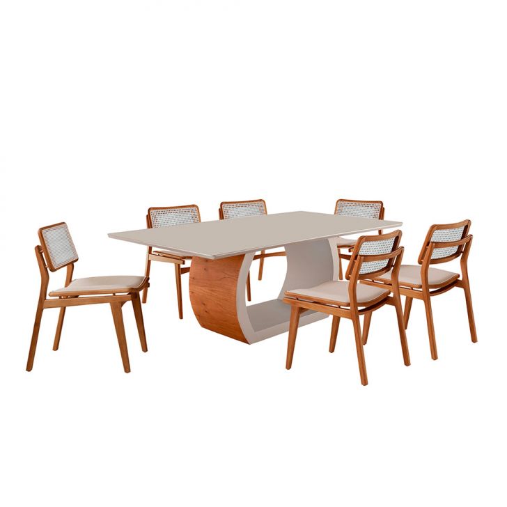 Mesa De Jantar Retangular Zeus Com Tampo Vidro E 6 Cadeiras Lea Premium Linho Off White E Imbuia Natural