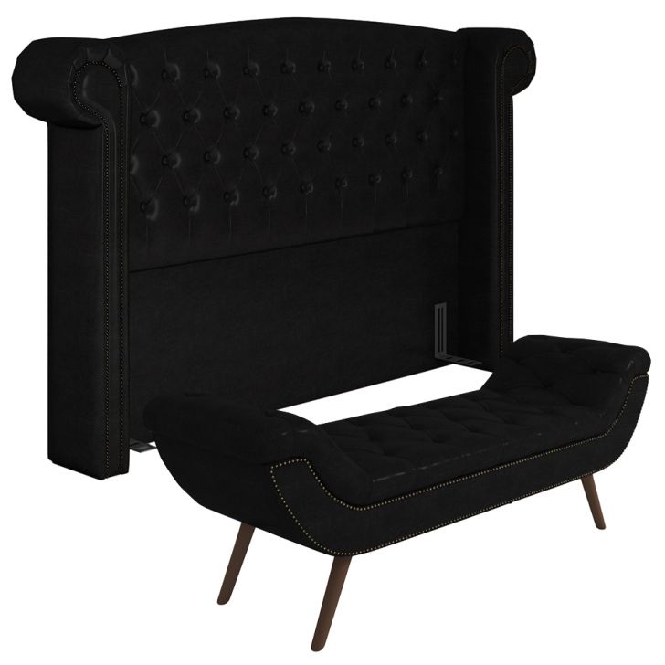 Cabeceira Cama Box King 195cm Provença e Recamier Veneto P02 Sintético Preto - Mpozenato