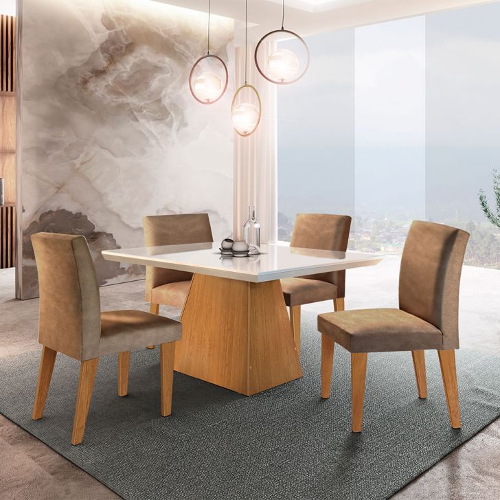Conjunto De Mesa De Jantar Luna Com Tampo Off White E 4 Cadeiras Grécia Suede Chocolate E Imbuia