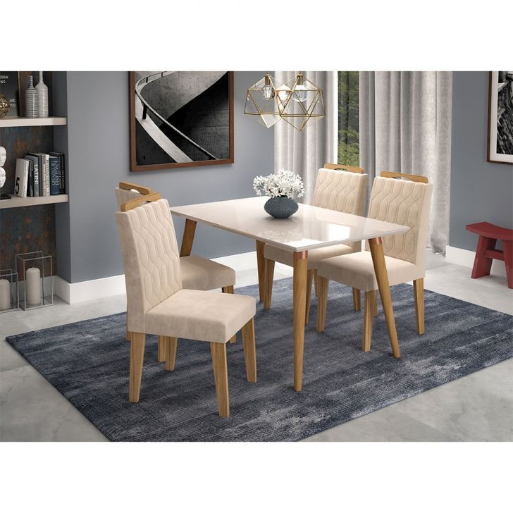 Conjunto De Mesa De Jantar Com Tampo De Vidro Off White Adele E 4 Cadeiras Paola Suede Nude E Madeira