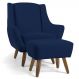 Poltrona Decorativa com Puff Sala de Estar Pés de Madeira Naomi Veludo Azul Oxford G15 - Gran Belo